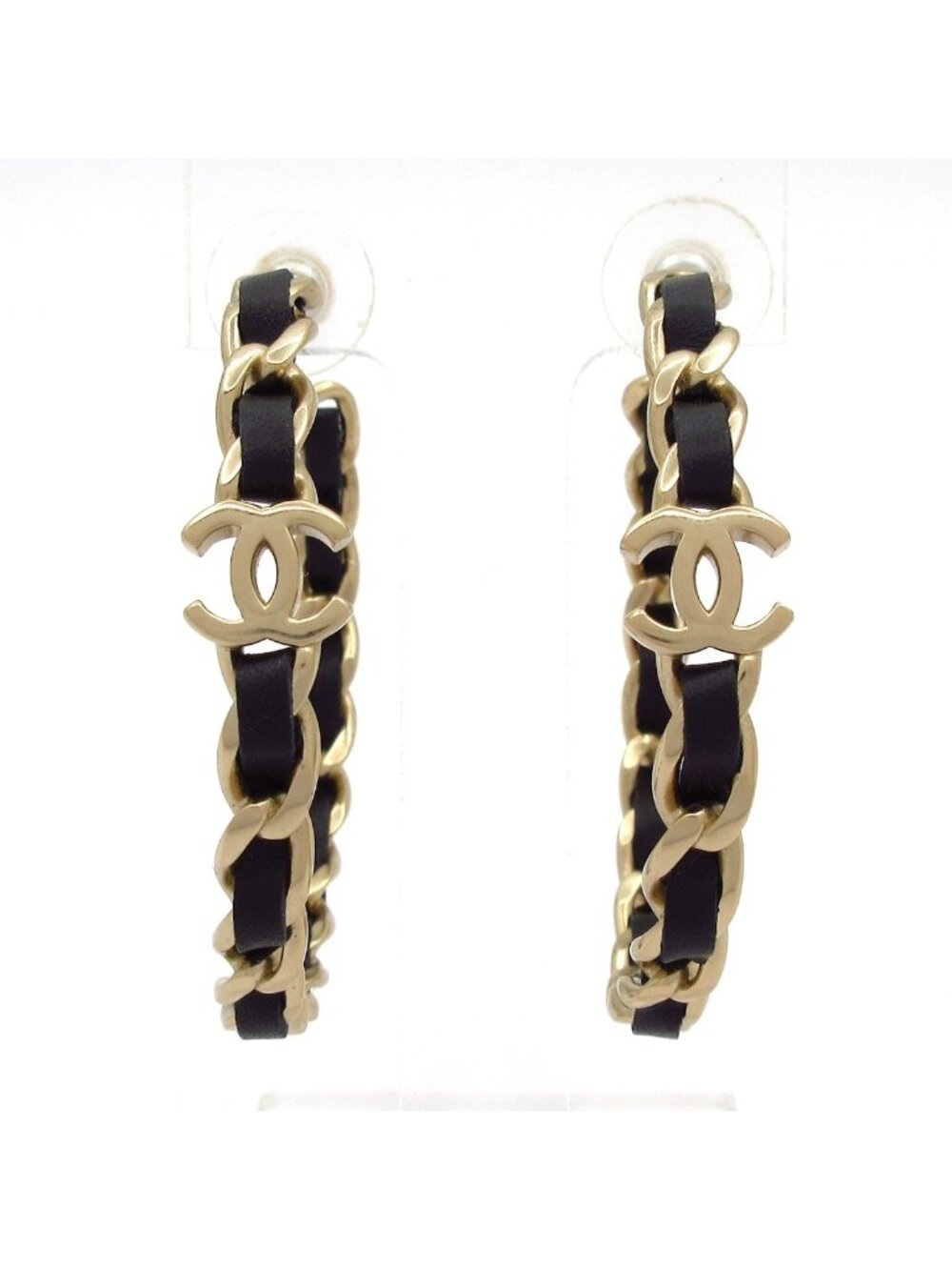 Chanel Earrings Leather Black Gold CC Logo